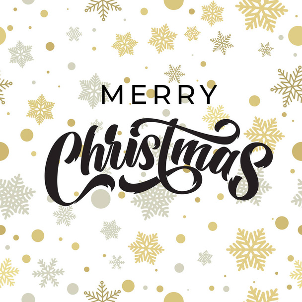 Merry Christmas greeting card calligraphy on gold glittering snowflakes pattern. Xmas greeting text and Christmas golden snow decoration on white background, vector winter holidays design - Vector, imagen