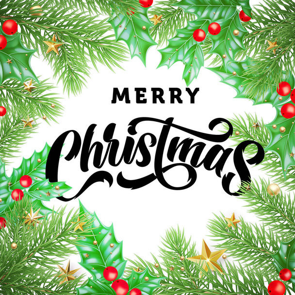 Vrolijk kerstgroet kaart kalligrafie, gouden sterren decoratie op hulst en kerstboom takken frame. Gelukkige wintervakantie gouden fonkelende sterren en ballen op kerstboom, vector achtergrond - Vector, afbeelding