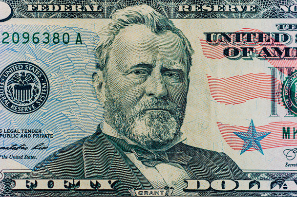 Zamykamy 50-dolarowy banknot, fragmenty federalnych banknotów federalnych. - Zdjęcie, obraz