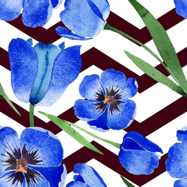 Tulipano blu fiori botanici floreali. Acquerello sfondo illustrazione set. Modello di sfondo senza soluzione di continuità
. - Foto, immagini