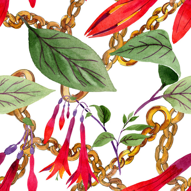 赤いフクシアの花植物の花。水彩の背景イラストセット。シームレスな背景パターン. - 写真・画像