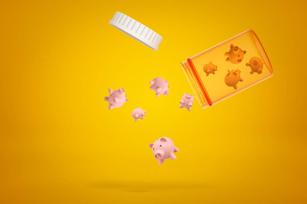 3d rendering of pink piggy banks falling from a plastic jar on yellow background - Foto, imagen