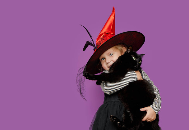 Child in Halloween costume. Kids trick or treat. Little girl holds a black cat on purple, violet background. Baby in witch hat and kitten. Autumn season holiday decoration.  - Photo, image
