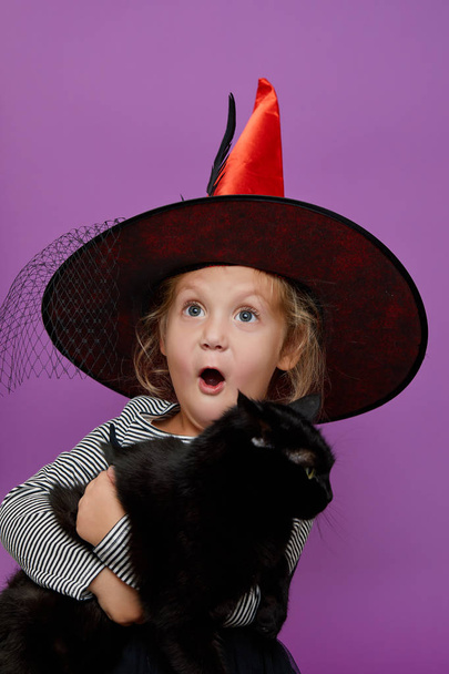 Child in Halloween costume. Kids trick or treat. Little girl holds a black cat on purple, violet background. Baby in witch hat and kitten. Autumn season holiday decoration.  - Photo, Image