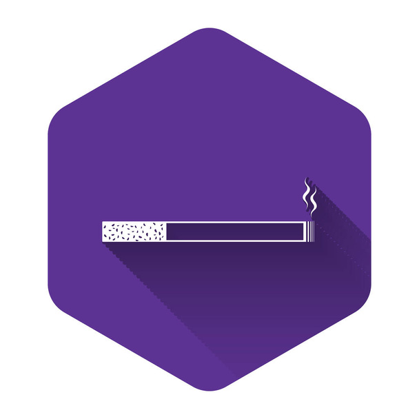 Біла піктограма сигарети ізольована з довгою тінь. Знак тютюну. Символ паління. Фіолетова шестикутна кнопка. Векторна ілюстрація
 - Вектор, зображення