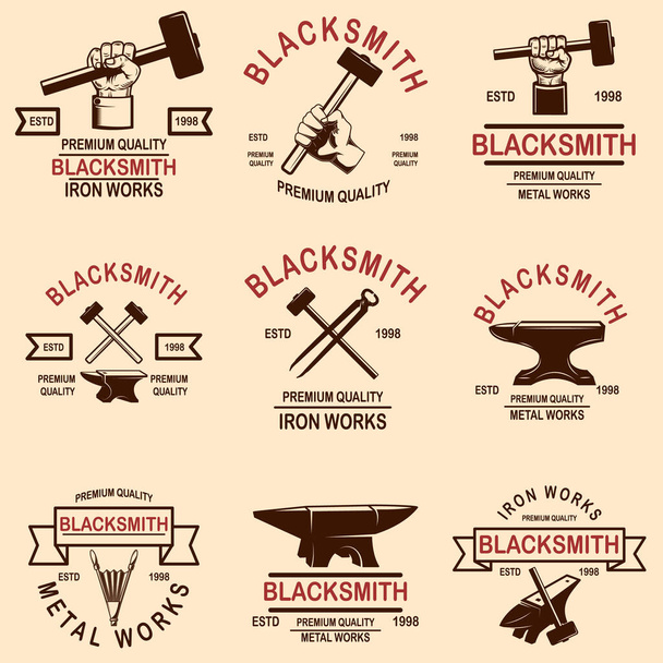 Set of blacksmith and iron works emblems. Design element for logo, label, sign, poster, t shirt. - Vector, Image