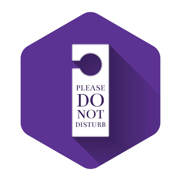 White Please do not disturb icon isolated with long shadow. Hotel Door Hanger Tags. Purple hexagon button. Vector Illustration - ベクター画像