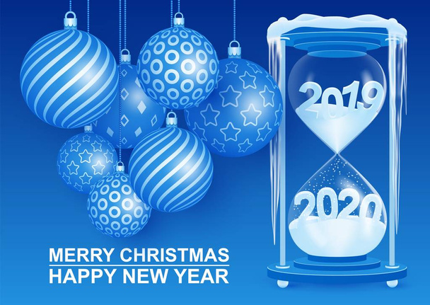 Merry Christmas and happy New year. The concept of the hourglass, the transition year from 2019 to 2020. Festive Christmas balls. Blue background. - Vector, Image