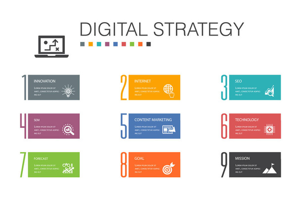 digital strategy Infographic 10 option line concept.internet, SEO, content marketing, mission simple icons - Vector, Image