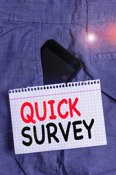 Handwriting text Quick Survey. Concept meaning Conduct fast check on condition value situation of something Smartphone device inside formal work trousers front pocket near note paper. - Photo, Image