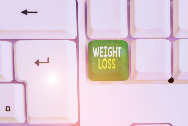 Conceptual hand writing showing Weight Loss. Business photo text Decrease in Body Fluid Muscle Mass Reduce Fat Dispose Tissue White pc keyboard with note paper above the white background. - Photo, Image