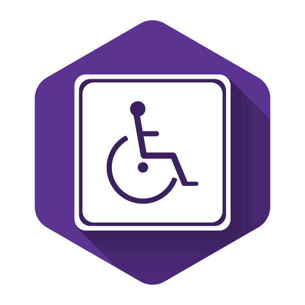 Icône handicapée blanche isolée avec ombre longue. Panneau handicapés en fauteuil roulant. Bouton hexagonal violet. Illustration vectorielle
 - Vecteur, image