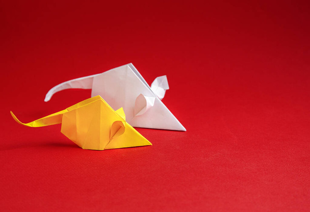 Chinese New Year 2020. Year of Rat. Chinese zodiac symbol of 2020. Origami paper animal. free space for text - Zdjęcie, obraz