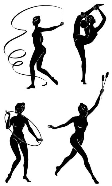 Collection. Rhythmic gymnastics. Silhouette of a girl with maces, ball, ribbon, hoop. Beautiful gymnast. The woman is slim and young. Vector illustration of a set. - ベクター画像