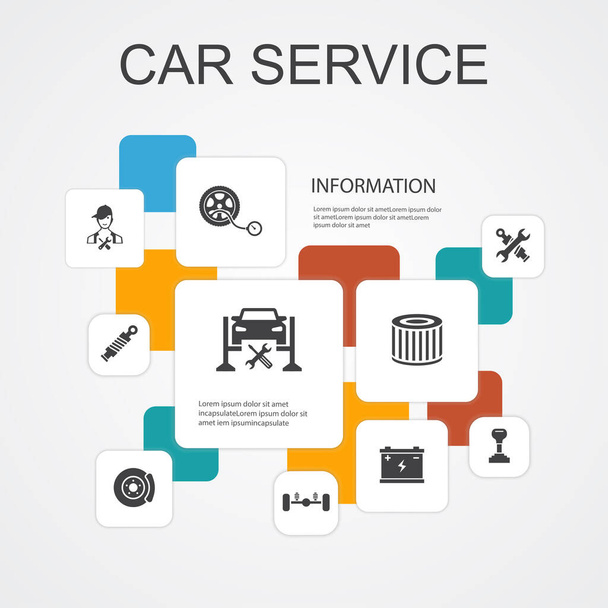 Car service Infographic 10 γραμμές εικονίδια template.disk φρένο, ανάρτηση, ανταλλακτικά, μετάδοση απλά εικονίδια - Διάνυσμα, εικόνα