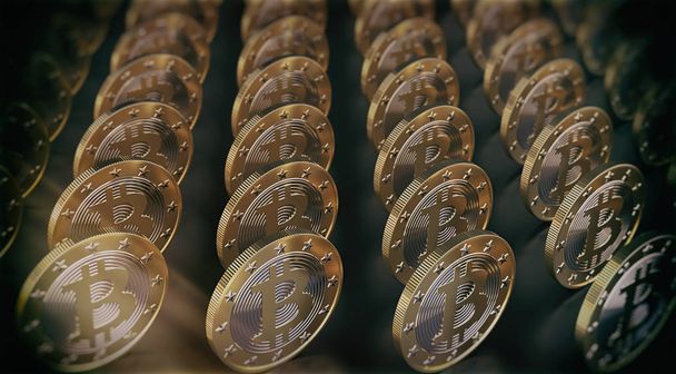 Řádky zlatých bitcoinů na lesklém černém podzemí - 3D vykreslování - Fotografie, Obrázek