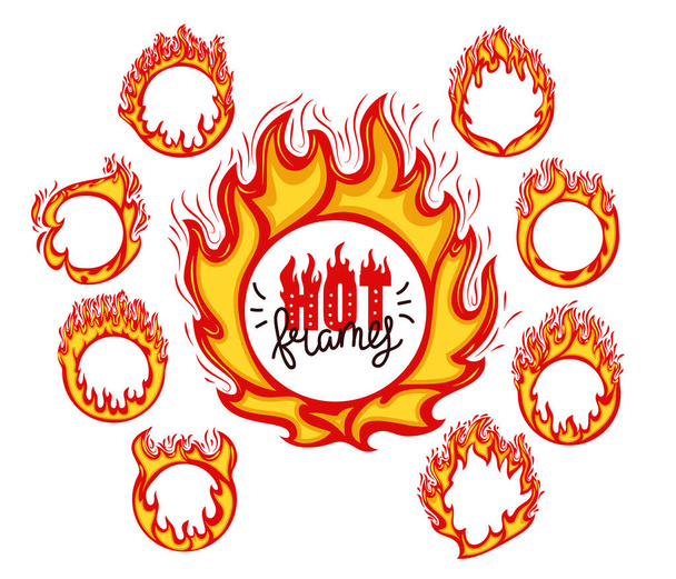 Rings of fire flames color vector illustrations set - Vector, Image