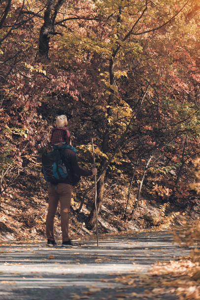Padre con hijo sobre sus hombros caminando en el parque de otoño. Día soleado. Vista trasera
 - Foto, Imagen