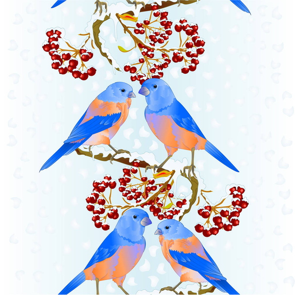 Vertical border seamless background birds Bluebirds  thrush small songbirdon on  snowy tree and berry winter background vintage vector illustration editable hand draw - Wektor, obraz