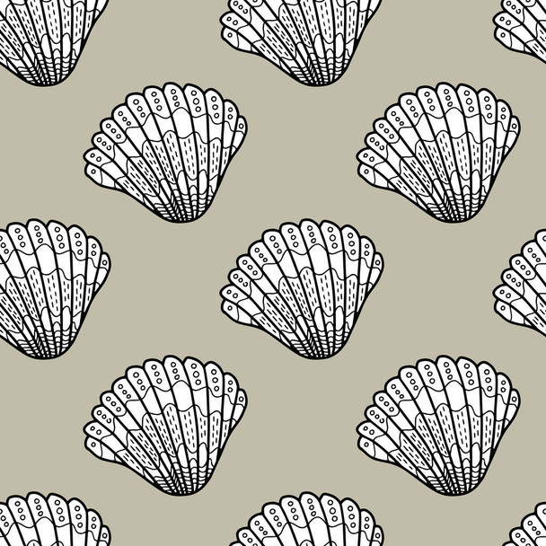 Vector shell sem costura padrão em marrom. Simples doodle seashell mão desenhada elementos feitos em repetição
. - Vetor, Imagem