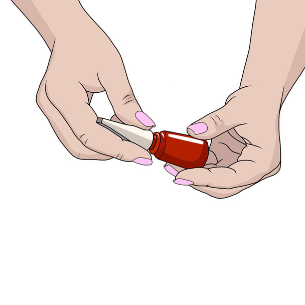Hands of a woman with dark red manicure and nail polish bottle - Vector, Image