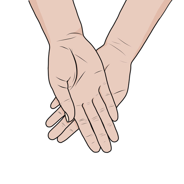 Vrouwelijke handen vragen houding. De ene hand op de andere, witte achtergrond - Vector, afbeelding