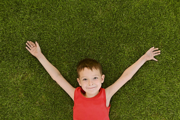 Çocuk bakımlı bir çimenlikte yatıyor. Küçük çocuk çimlerin üzerinde yatıyor. Parkta çimlere uzanmış bir çocuğun portresi. - Fotoğraf, Görsel