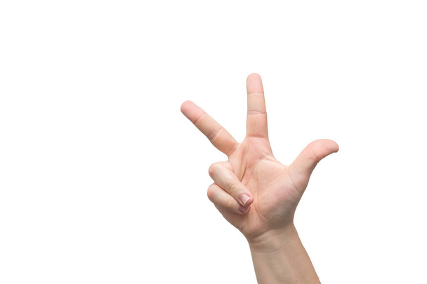 Мужская рука показывает три пальца изолированы на белом фоне, место для текста
 - Фото, изображение