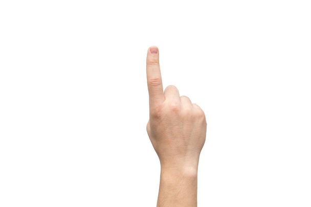 O dedo indicador de uma mão masculina está apontando para cima isolado em um fundo branco. Sinal de atenção. O número um.
, - Foto, Imagem