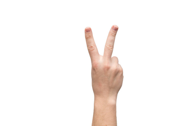 männliche Hand isoliert auf weißem Hintergrund. Zeichen von Sieg oder Frieden. die Nummer zwei. - Foto, Bild