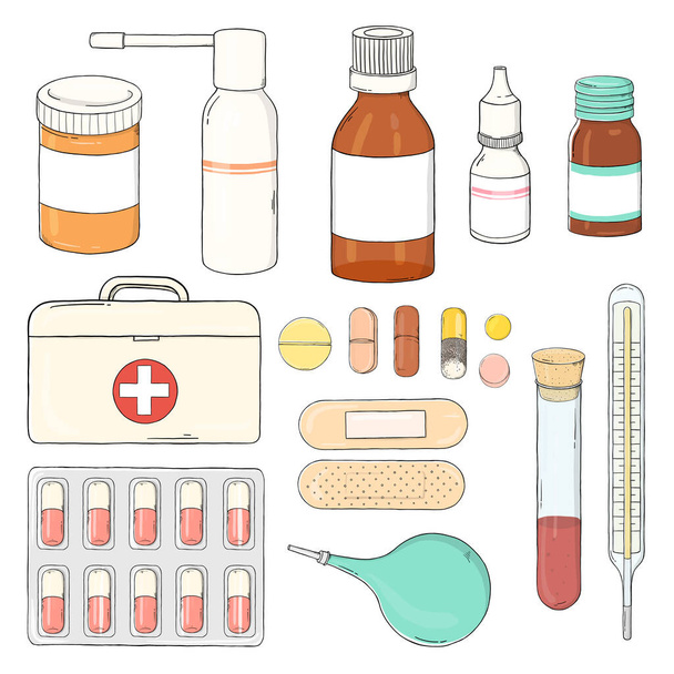 Set with medical equipment, medicines and first aid kit. - Vector, imagen