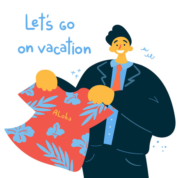 Hombre sosteniendo una camiseta y ofreciendo unas vacaciones
 - Vector, imagen