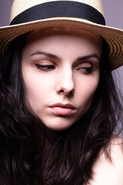 beautiful girl in the hat portrait studio - Valokuva, kuva