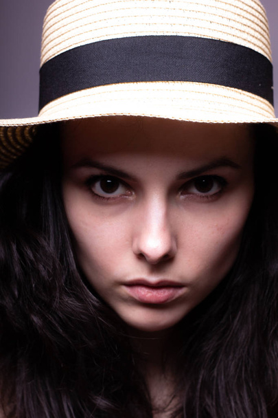 beautiful girl in the hat portrait studio - Zdjęcie, obraz