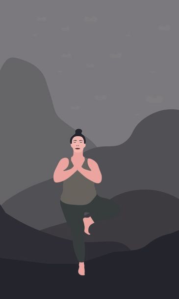 Una giovane donna distende le spalle e la schiena in piedi su una gamba in Vrksasana Asana in natura. Isolato donna ad alto peso illustrazione a colori
 - Vettoriali, immagini