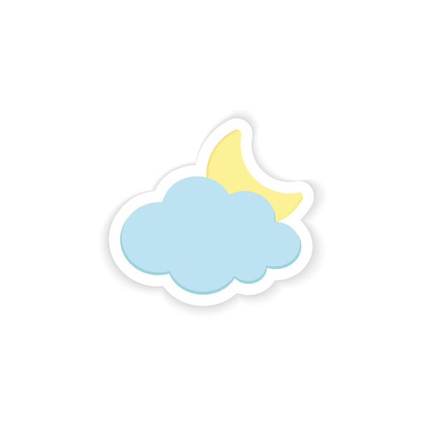 Cute Moon and Cloud Sticker isolated on white. Nursery Room Cartoon traditional symbols. Soft Blue and Yellow colors. Printable flat paper style. For seasonal cards, applique, web. - Vektori, kuva
