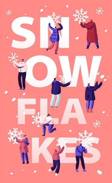 Koncepcja opadu śniegu. Happy People odśnieżanie i usuwanie śniegu z ulicy za pomocą łopaty i Snowblower do czyszczenia drogi. Aktywność w zimie Plakat Baner ulotka Broszura Cartoon Flat Vector Ilustracja - Wektor, obraz