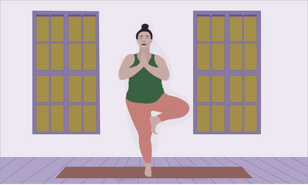 mulher estende os ombros e costas de pé em uma perna em Asana Vrksasana no ginásio ou apartamento. Ilustração dos cuidados de saúde
 - Vetor, Imagem