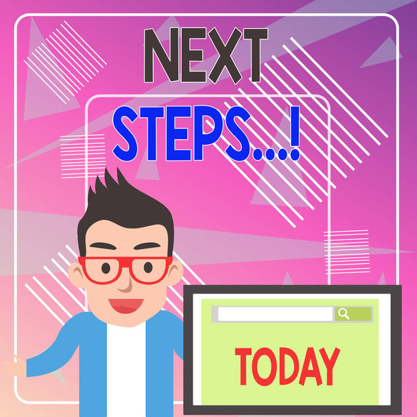 Szövegírás Next Steps. Üzleti koncepció valamire, amit akkor csinál, miután befejezte az első egy férfi hangszóró monitor Search Tool on Screen Presentation or Report. - Fotó, kép