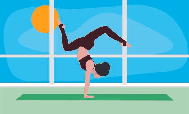A young woman stretches in yoga Asana Bhuja Vrischikasana Arm Balance Scorpion Pose in the gym. Outside the window bright blue sky - Vector, Image