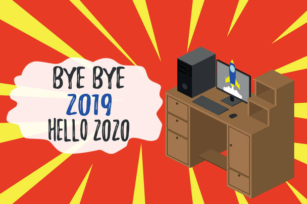 Word writing text Bye Bye 2019 Hello 2020. Business concept for saying goodbye to last year and welcoming another good one Working desktop station drawers personal computer launching rocket clouds. - Photo, Image