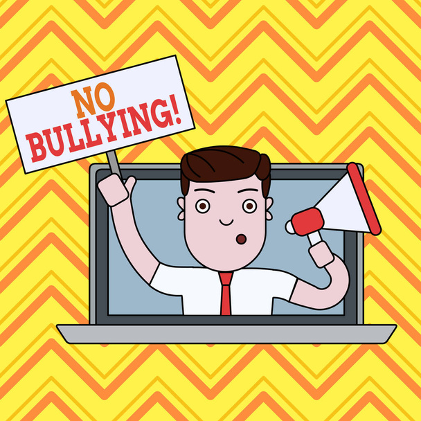 Conceptual hand writing showing No Bullying. Business photo text stop aggressive behavior among children power imbalance Man Speaking Through Laptop into Megaphone Plate with Handle. - Photo, Image