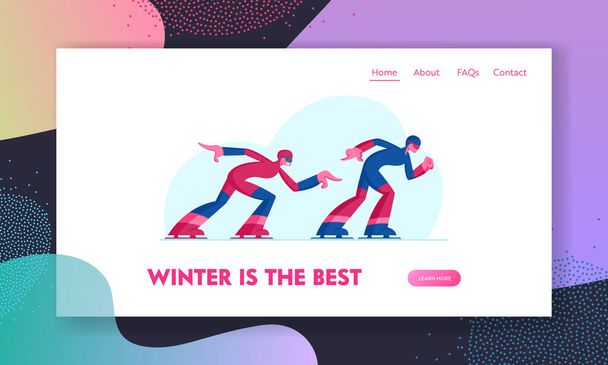 Olympic Games Speed Skaters Competing Website Landing Page. Sportsman and Sportswoman in Sportswear and Helmet Engaged Short Track Training Exercising Web Page Banner. Cartoon Flat Vector Illustration - Vector, Image