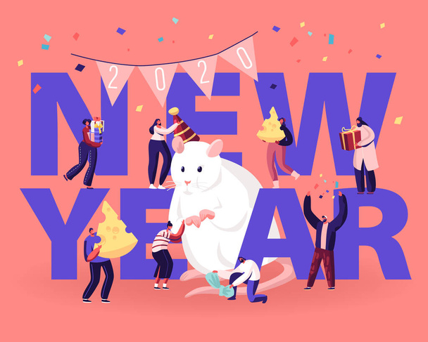 Das Konzept für die Neujahrsfeier 2020. winzige männliche und weibliche Figuren schmücken riesige weiße Maus Symbol des traditionellen chinesischen Kalenders Poster Flyer Broschüre. Cartoon flache Vektorillustration - Vektor, Bild