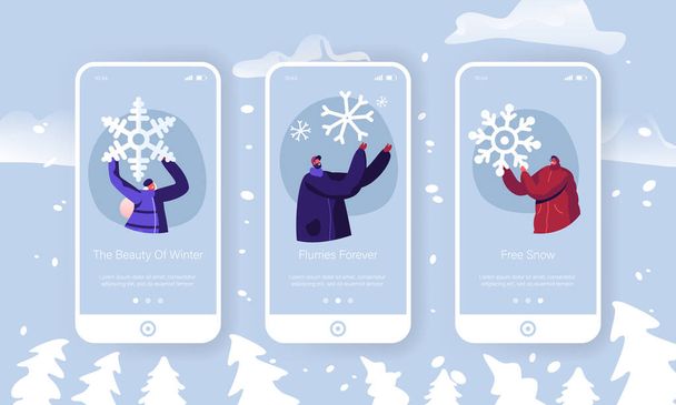 Winter Time Outdoors Spare Time Mobile App Page Onboard Screen Set. Happy People Hold Huge Snowflake Playing with Snow after Snowfall Concept for Website or Web Page, Cartoon Flat Vector Illustration - Διάνυσμα, εικόνα