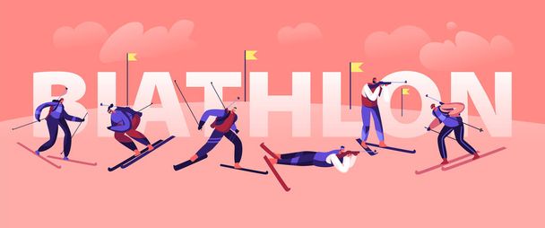Biathlonturnier-Konzept. Sportler Skifahren und Schießen mit Zielscheiben auf der Bahn, Poster-Broschüre zur Weltmeisterschaft der olympischen Spiele. Cartoon flache Vektorillustration - Vektor, Bild