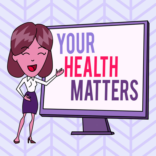 Psaný vzkaz ukazující vaše zdravotní záležitosti. Obchodní fotografie ukazující dobré zdraví je nejdůležitější mimo jiné bílá žena ve stoje ukazující prázdné obrazovky tabule Prezentace. - Fotografie, Obrázek