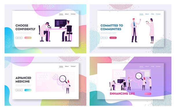 Genetics Laboratory Website Landing Page Set. Scientists Working with Dna Molecule Using Hi-tech Equipment for Scientific Research and Investigation Web Page Banner.Cartoon Flat Vector Illustration - Vector, Image