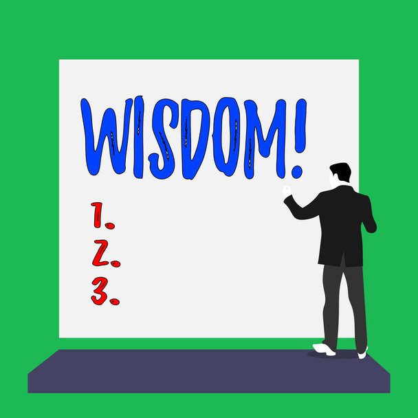 Handwriting text Wisdom. Concept meaning quality having experience knowledge and good judgement something Short hair immature young man stand in front of rectangle big blank board. - Photo, Image