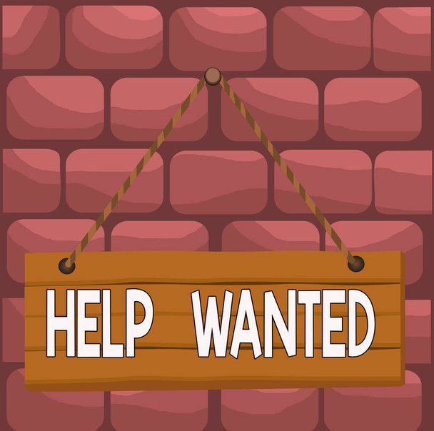 Handwriting text Help Wanted. Concept meaning An ad in the paper an employer places to find a new employee Wood plank nail pin string board colorful background wooden panel fixed. - Photo, Image
